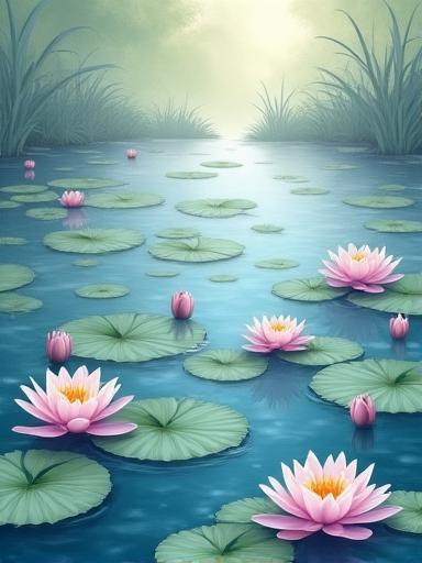 Carta da parati raffigurante ninfee in uno stagno sereno con tonalità acquatiche.